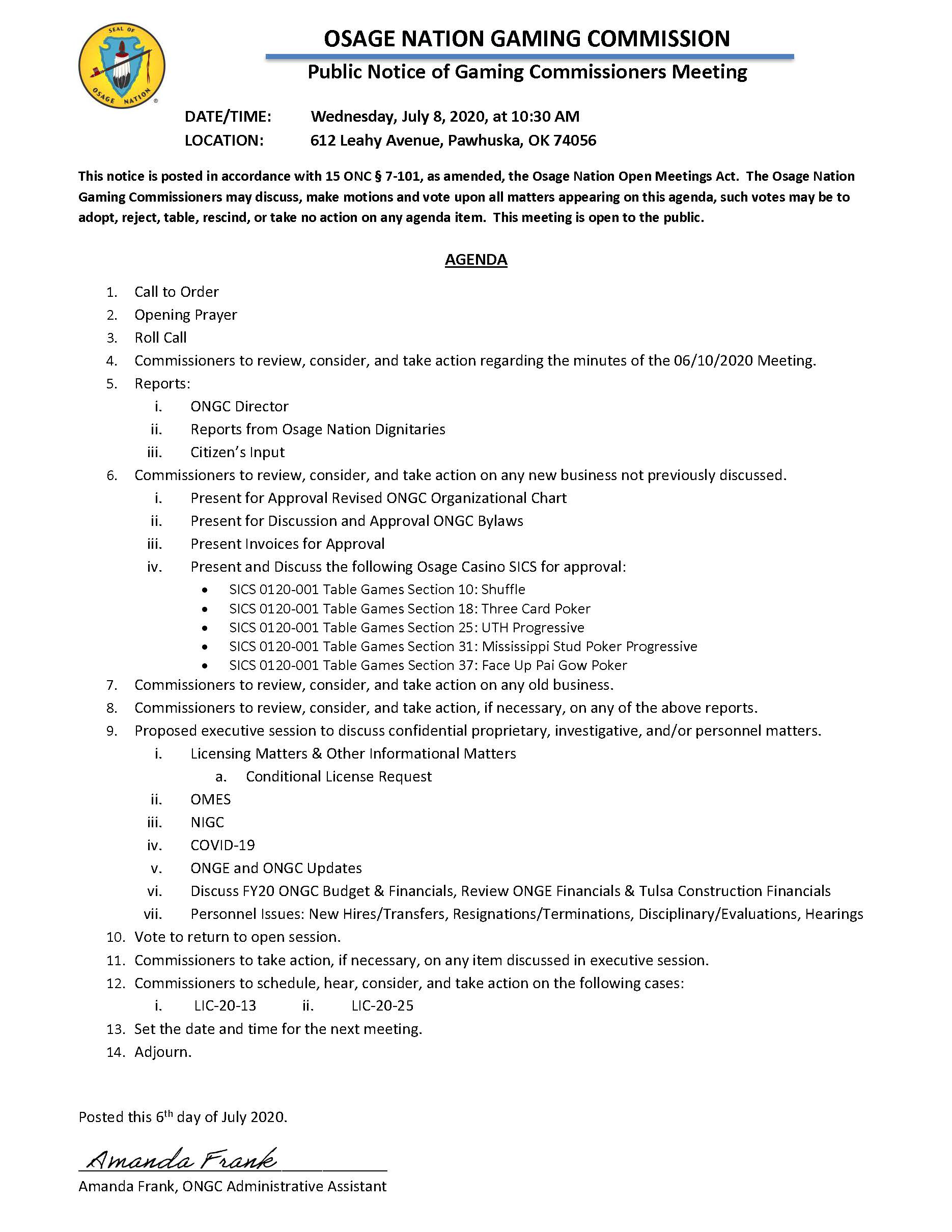 Gaming Commission Meeting Notice 