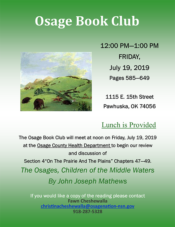 flyer for July 2019 Osage Book Club meeting