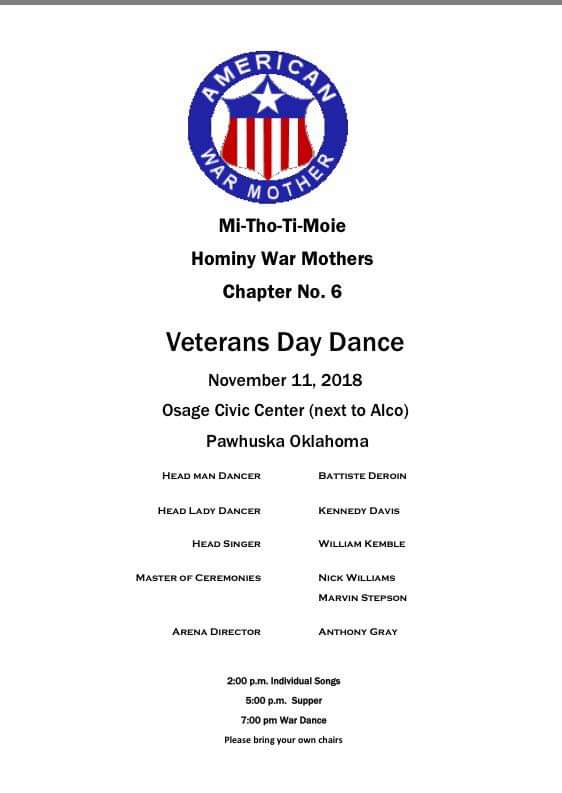 Hominy War Mothers Veterans Day Dance Flyer